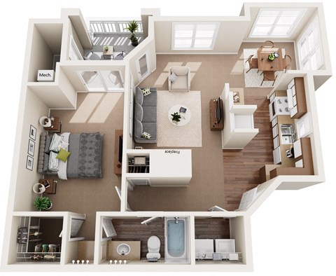 3D floor plan of a one bedroom one bathroom apartment at Cambridge Apartments in Raleigh, NC